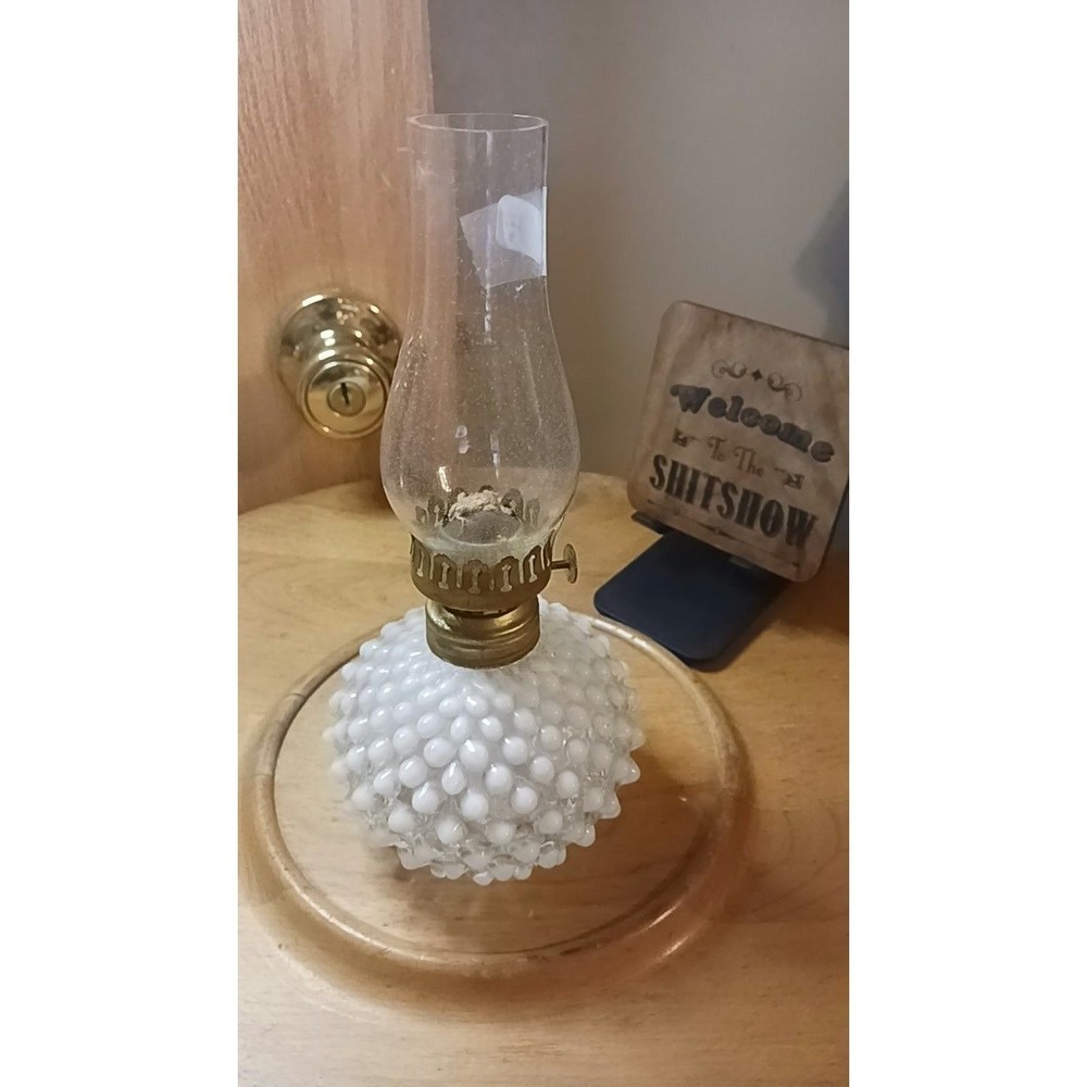 Antique Opalescent Moonstone Glass Hobnail Oil Lamp